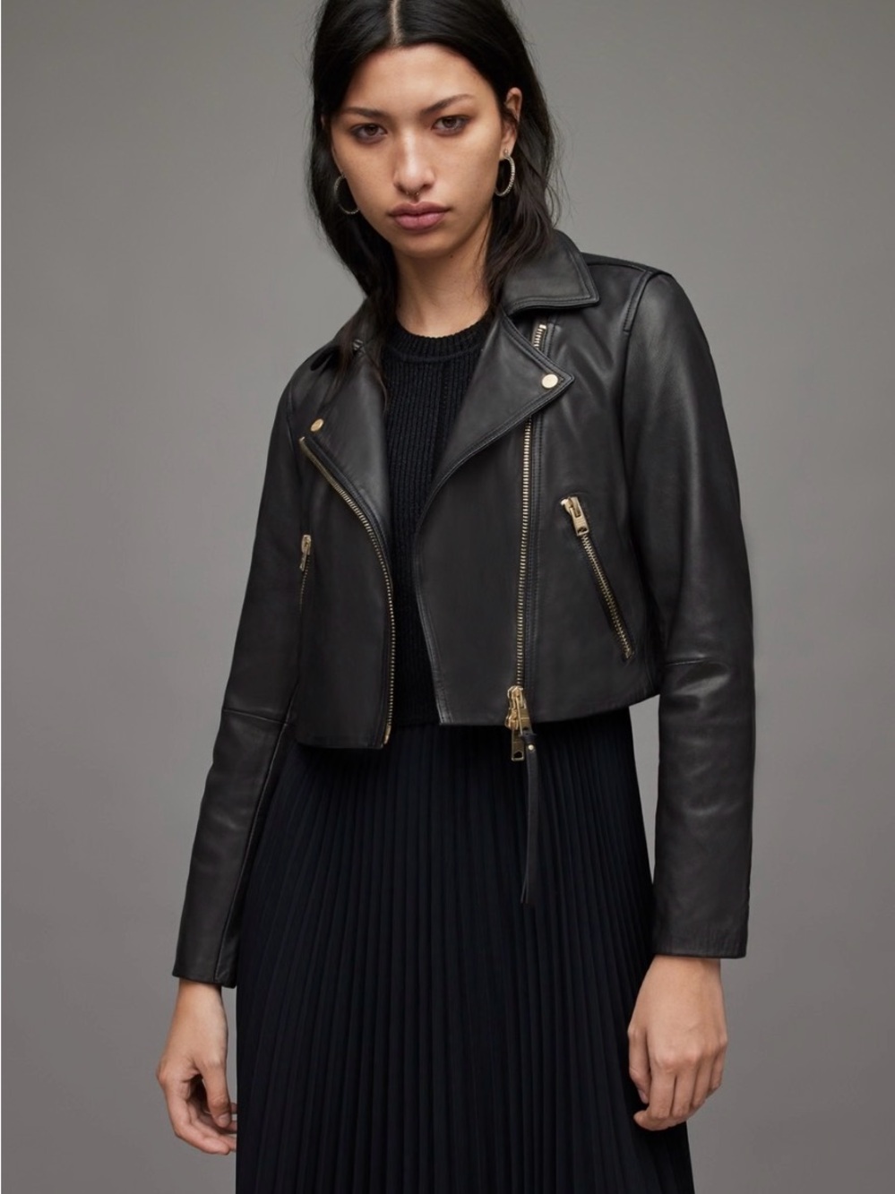 All Saints Black Leather Biker Jacket with Gold Hardware Accents - Picture 12 of 15